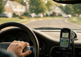 Candid view from the driver’s perspective of a car dashboard with a mounted interlock device, morning light filtering through the windshield, a hand resting near the steering wheel, suburban road visible ahead