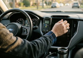 Close-up candid view of a car dashboard with an ignition interlock device installed, morning light coming through the windshield, driver’s hand reaching for the steering wheel nearby, slightly out of focus interior with a coffee cup in the center console