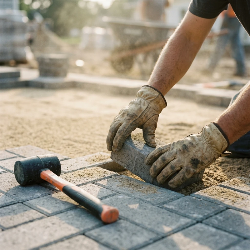 Close-up candid shot of a worker’s gloved hands pressing an interlocking paver into leveled bedding sand, with a rubber mallet resting nearby, surrounding pavers already in place forming a herringbone pattern, natural daylight with slight dust in the air