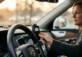 Close-up of a vehicle dashboard at dawn with a small breath-testing device mounted near the steering column, soft morning light filtering through the windshield, driver’s hand reaching toward the device