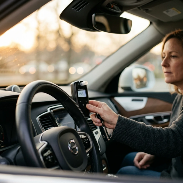 Close-up of a vehicle dashboard at dawn with a small breath-testing device mounted near the steering column, soft morning light filtering through the windshield, driver’s hand reaching toward the device