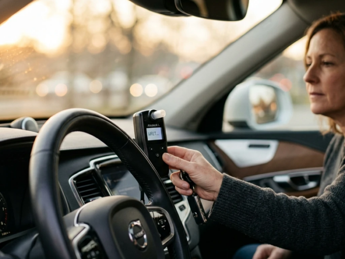 Close-up of a vehicle dashboard at dawn with a small breath-testing device mounted near the steering column, soft morning light filtering through the windshield, driver’s hand reaching toward the device