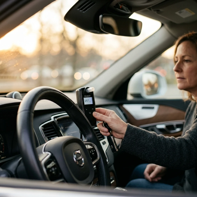 Close-up of a vehicle dashboard at dawn with a small breath-testing device mounted near the steering column, soft morning light filtering through the windshield, driver’s hand reaching toward the device