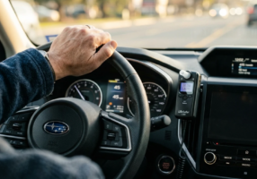 Close-up of a driver’s hand on a steering wheel near an installed interlock device, natural daylight streaming through the windshield, dashboard details visible, candid perspective from the passenger side