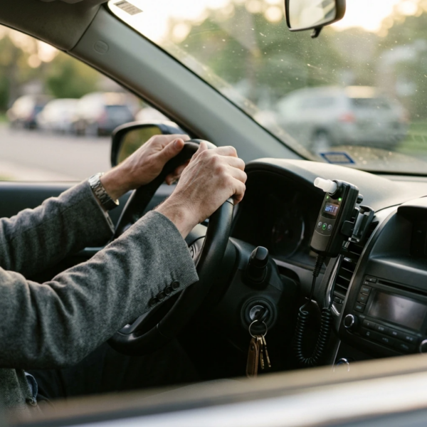 Close-up view of a car dashboard with ignition interlock device mounted, early morning light coming through windshield, driver’s hands resting on steering wheel in a moment of frustration, keys in ignition