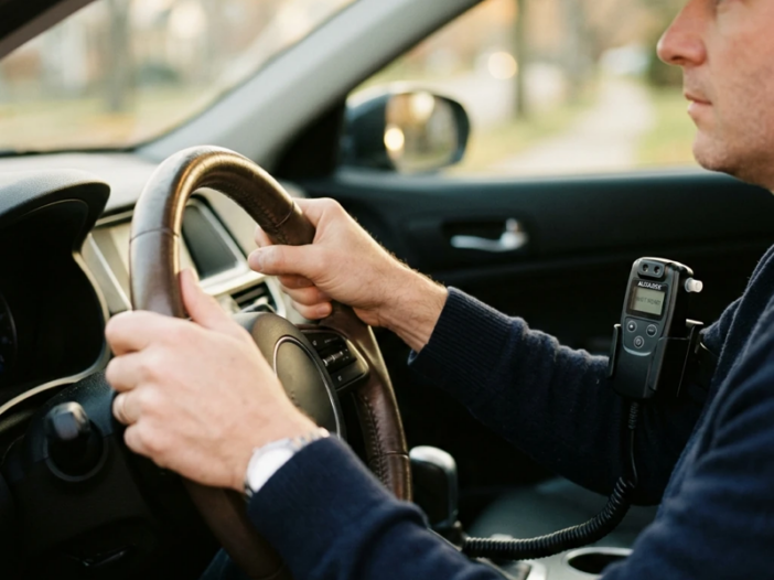 Close-up view of a person’s hands gripping a car steering wheel, with an interlock device mounted near the dashboard, soft morning light coming through the windshield, a sense of anticipation and tension in the composition