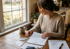 Over-the-shoulder view of someone organizing documents on a kitchen table — a driver’s license, court paperwork, vehicle registration, and car keys spread out next to a printed checklist, natural morning light from a nearby window