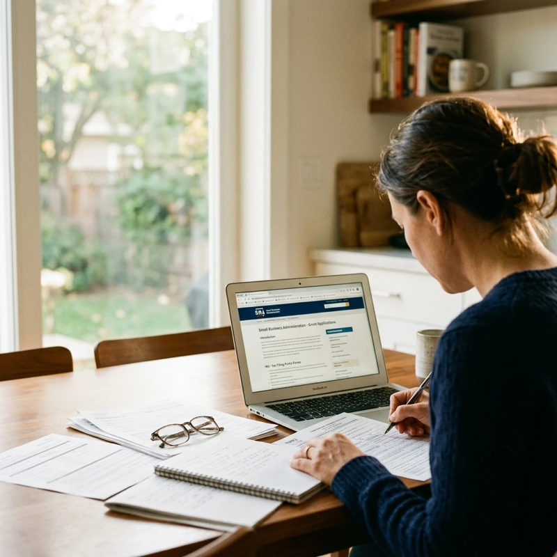 Over-the-shoulder view of someone sitting at a kitchen table reviewing paperwork and forms, reading glasses nearby, laptop open to a government website, natural daylight from a window, a sense of focused determination