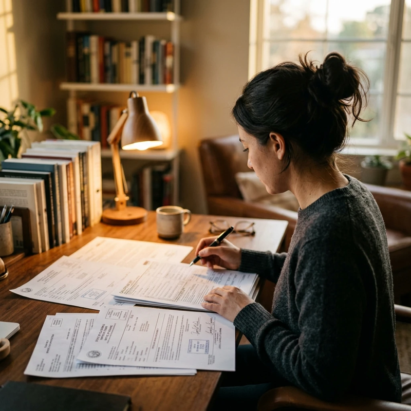 Over-the-shoulder view of a person sitting at a desk reviewing official paperwork, DMV forms and a court document visible, pen in hand, soft indoor lighting from a desk lamp