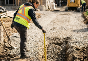 Over-the-shoulder view of a contractor measuring excavation depth beside a partially dug driveway area, gravel base visible in the trench, measuring tape extended, bright midday light casting short shadows across the work site