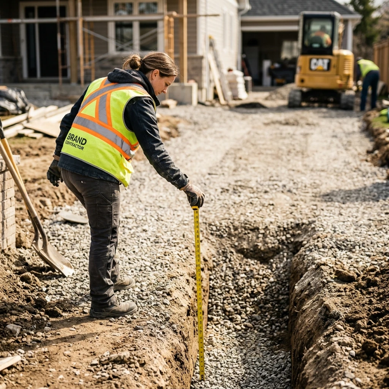 Over-the-shoulder view of a contractor measuring excavation depth beside a partially dug driveway area, gravel base visible in the trench, measuring tape extended, bright midday light casting short shadows across the work site
