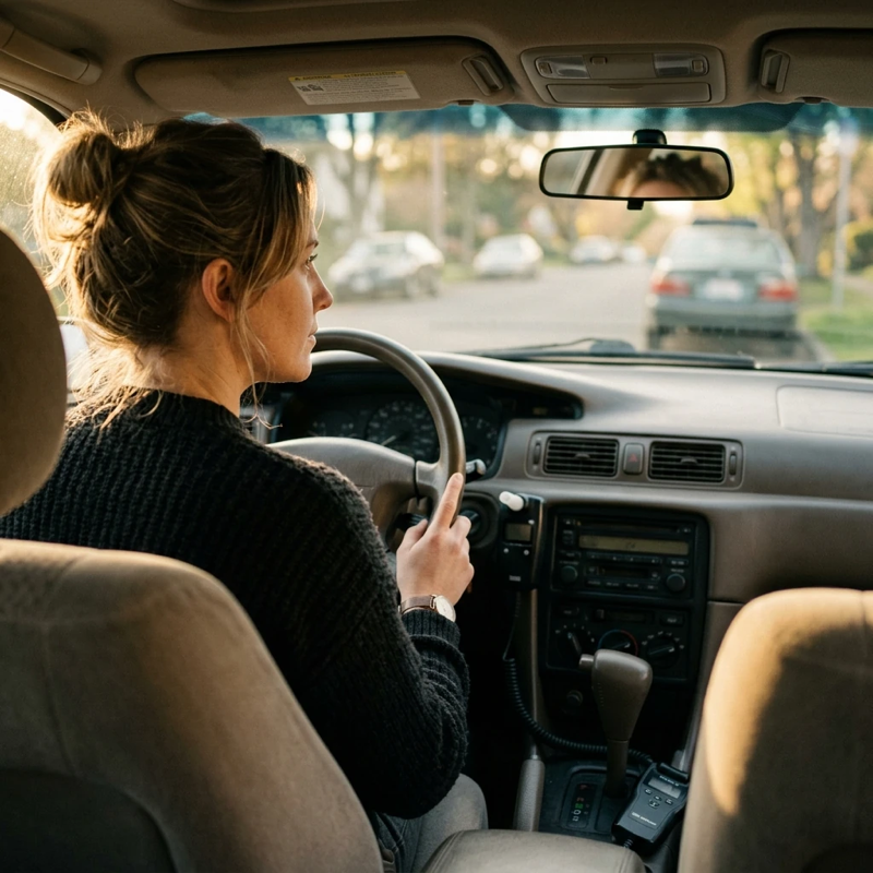 Over-the-shoulder view of a person sitting in the driver’s seat of a parked car, morning light illuminating the dashboard, interlock device partially visible near the steering column, calm and routine atmosphere