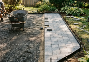 Overhead view of a partially completed residential paver patio project, showing the contrast between compacted gravel base on one side and freshly laid interlocking pavers on the other, with edging restraints visible and a wheelbarrow nearby, late morning natural light casting short shadows