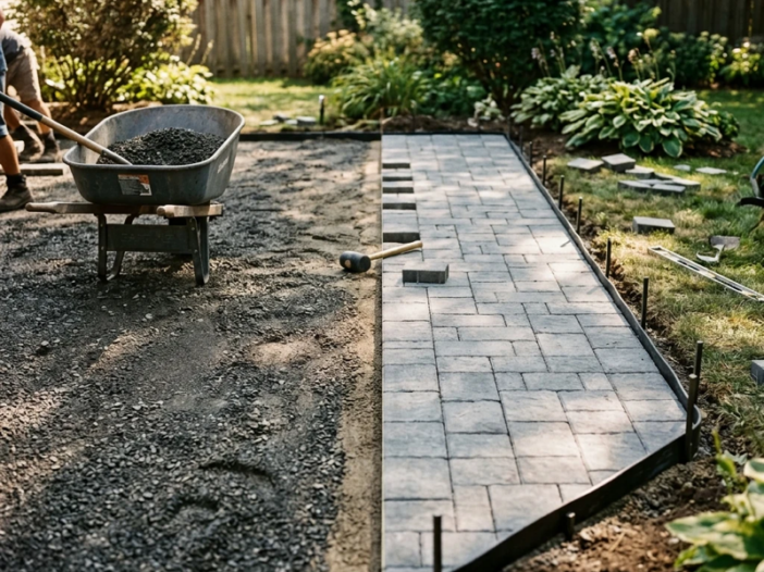 Overhead view of a partially completed residential paver patio project, showing the contrast between compacted gravel base on one side and freshly laid interlocking pavers on the other, with edging restraints visible and a wheelbarrow nearby, late morning natural light casting short shadows
